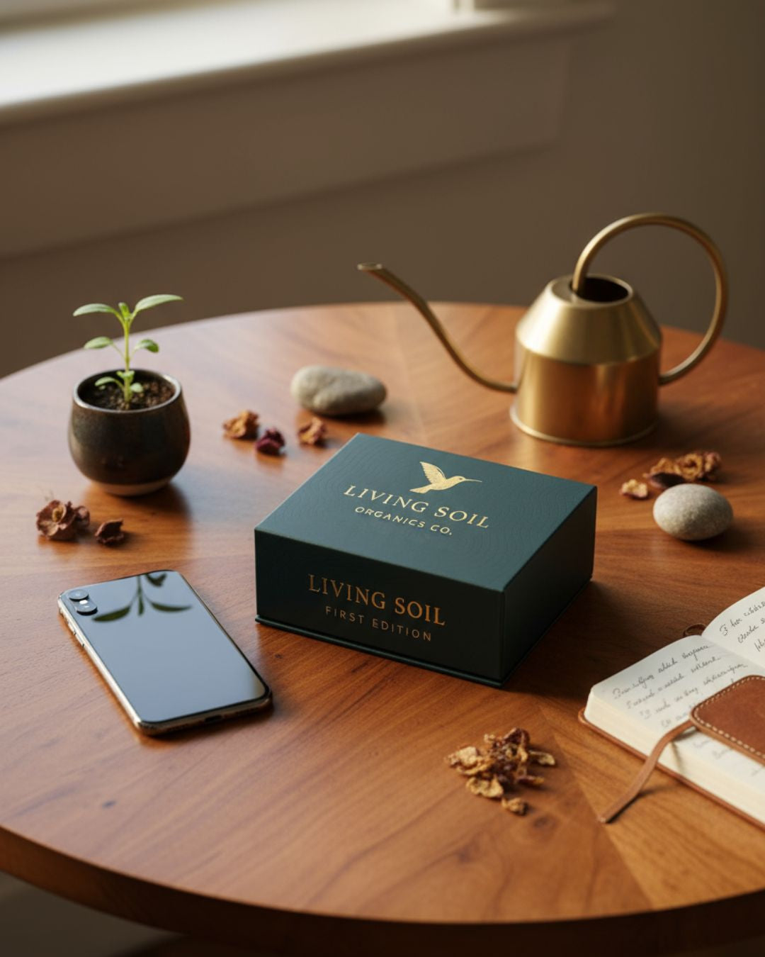 Living Soil product on a wooden table with a plant, phone, and notebook. lifestyle image