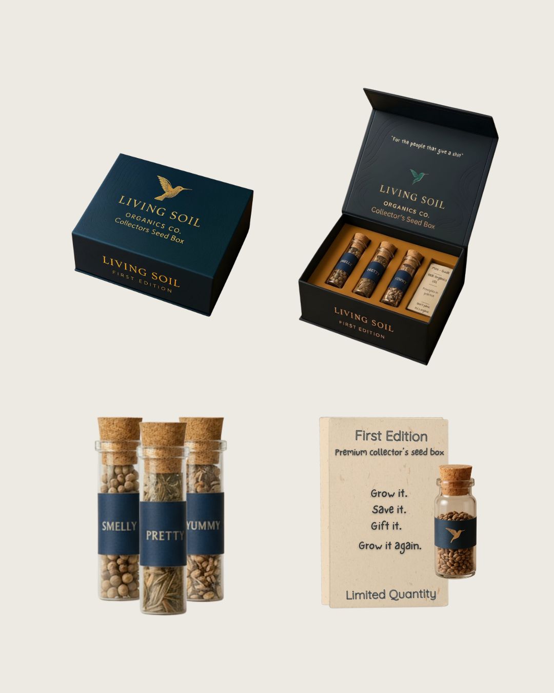 Living Soil product packaging including boxes, seeds bonus, perks, included, and a card on a light background