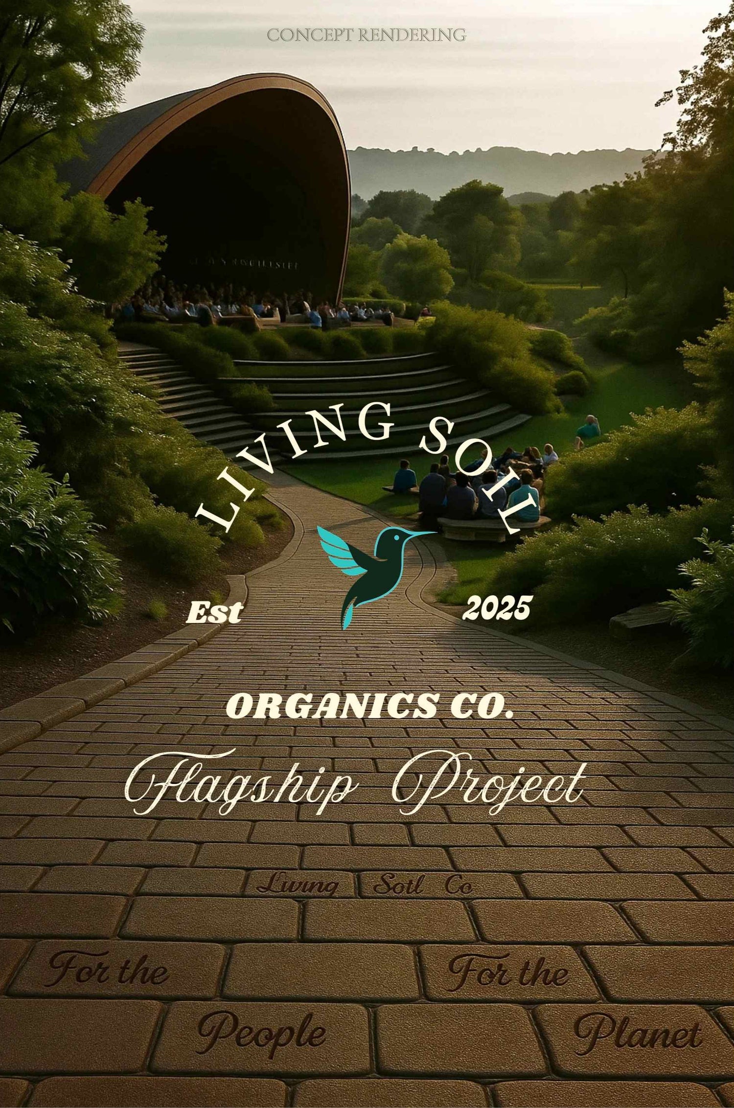 Promotional graphic for Living Soil Organics Co. with a pathway leading to an outdoor amphitheater.