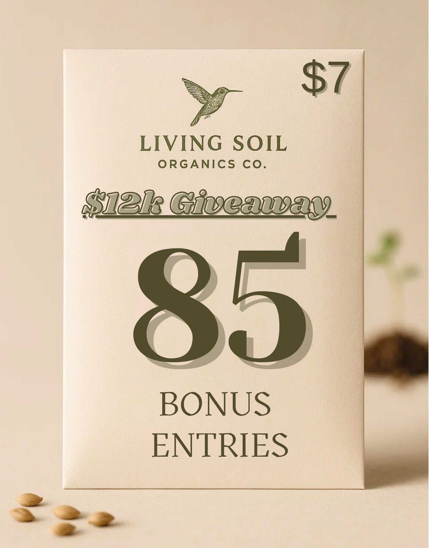 Living Soil Organics Co. promotional poster with text and a price tag on a beige background.