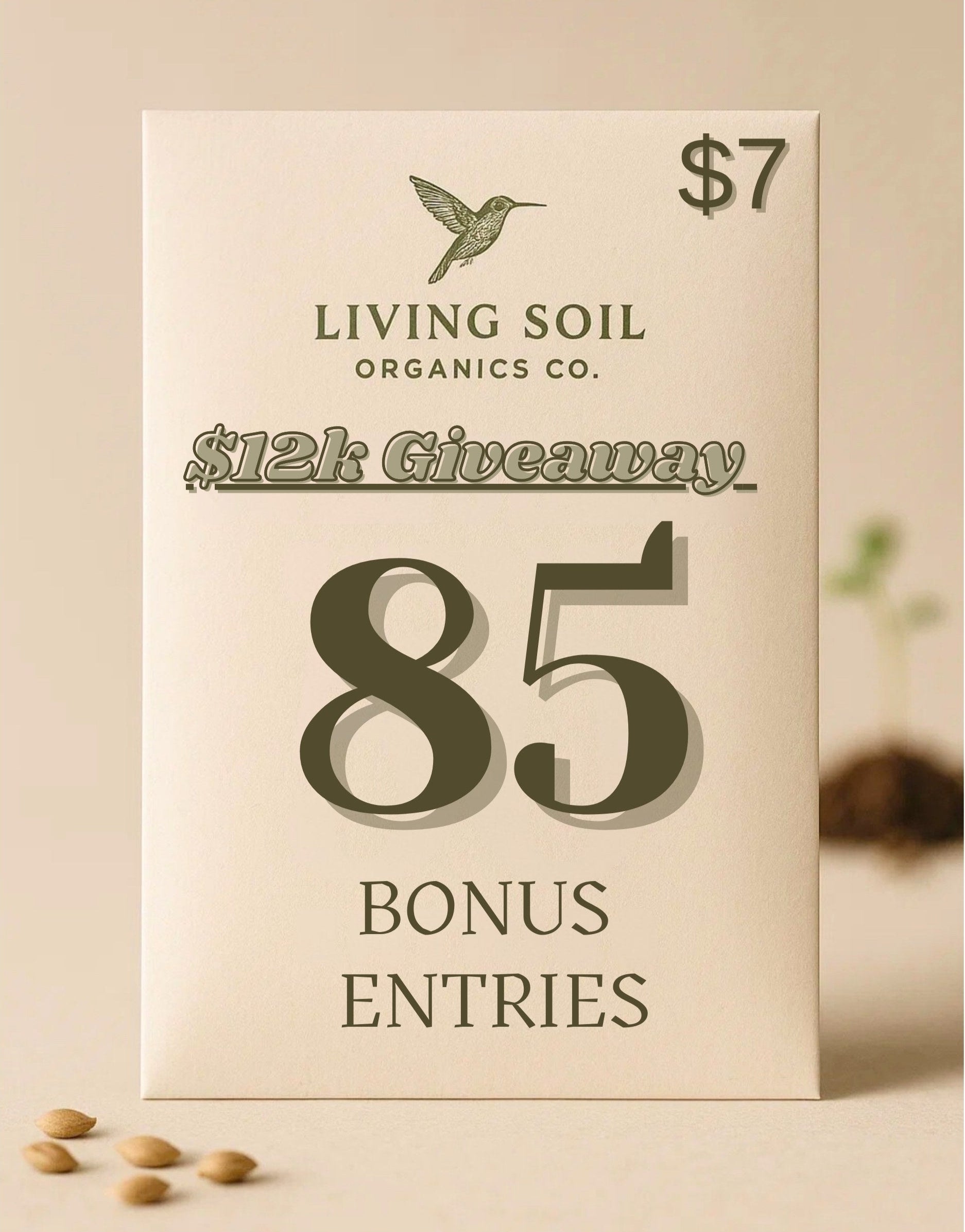 Living Soil Organics Co. promotional poster with text and a price tag on a beige background.