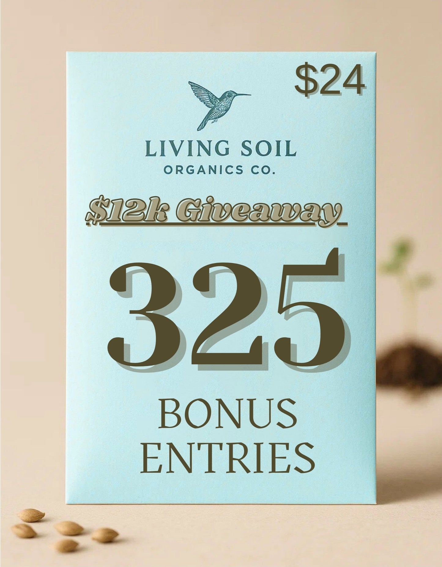 Living Soil Organics Co. promotional card with giveaway details on a beige background