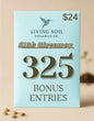 Living Soil Organics Co. promotional card with giveaway details on a beige background