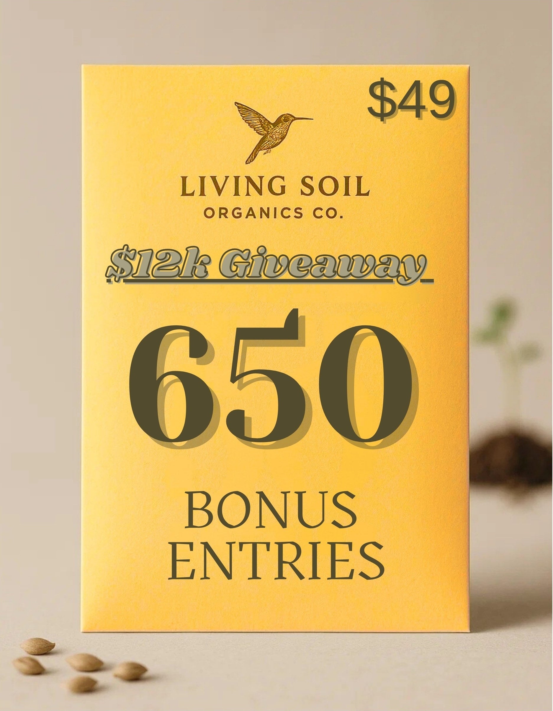 Living Soil Organics Co. product packaging with promotional text on a beige background