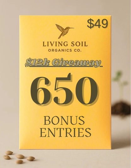 Living Soil Organics Co. product packaging with promotional text on a beige background