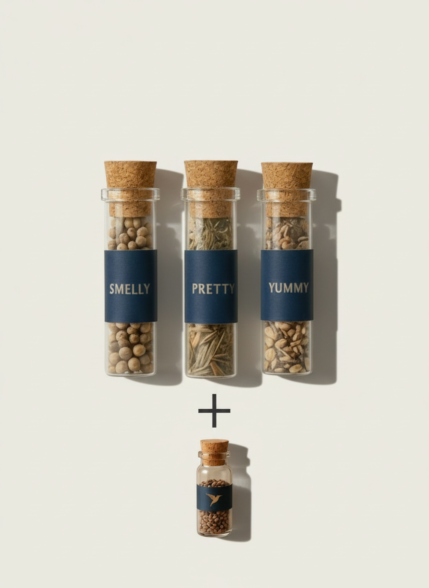 Three glass jars labeled 'Smelly', 'Pretty', and 'Yummy' on a white background.