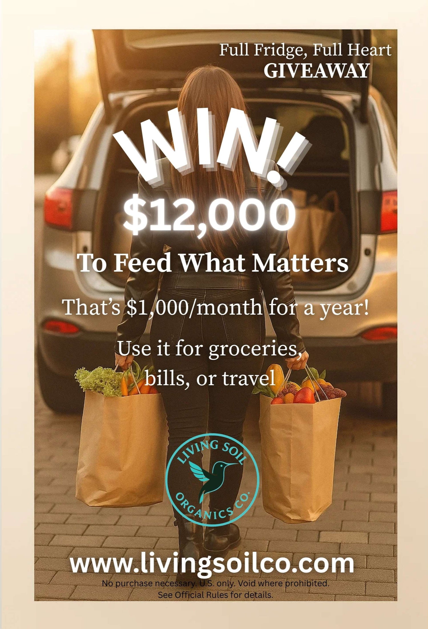 12k giveaway hero image. Person loading groceries into a car with promotional text for a giveaway and website.